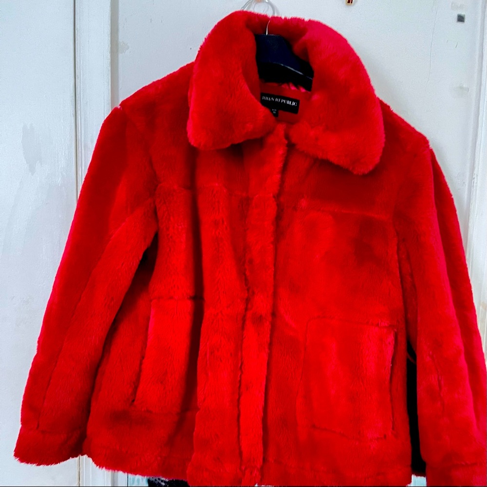 Red faux fur coat